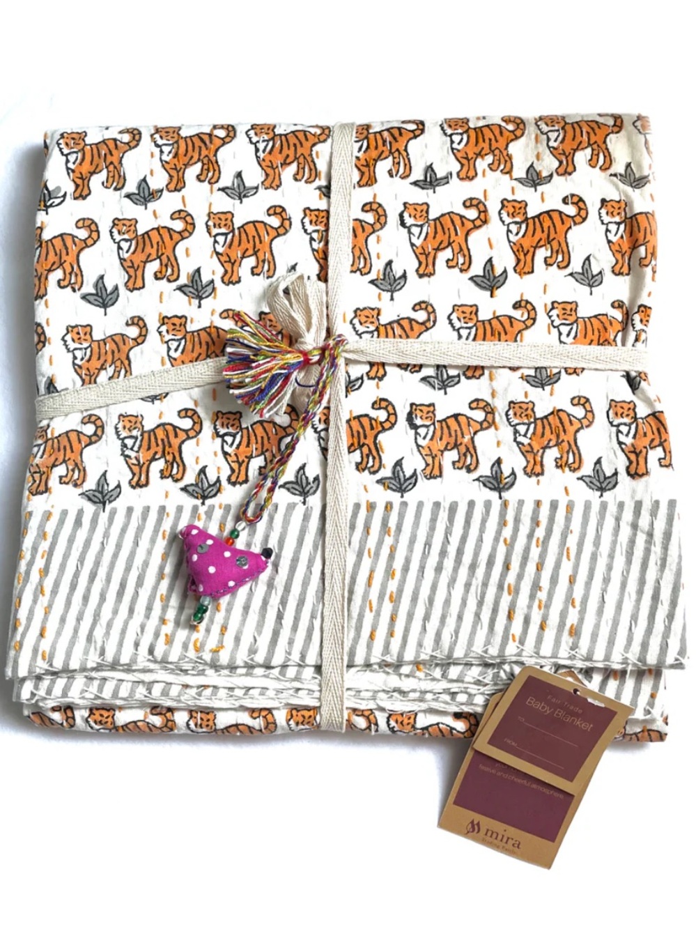 MIRA Fair Trade Baby Block Printed Kantha Blanket -Tiger Print